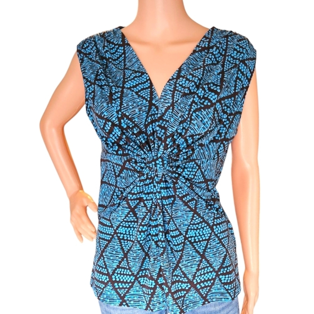 Wmns Geometric Twist Front Blouse Sleeveless Sz M Work Attire Artsy Blue & Brown
